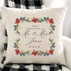 Personalised First Christmas as Mr & Mrs Cushion – Newlywed Christmas Gift with Custom Surname Xmas home decorations
