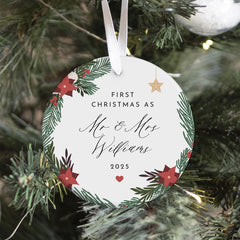 Personalised First Christmas as Mr & Mrs Ornament Custom Wedding Keepsake Gift for Couple Wreath Newlywed Bauble with Last Name
