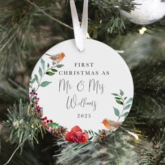 Personalised First Christmas as Mr & Mrs Ornament Gift for Wife Husband Couples Newlywed Keepsake Robin Couple Bauble with Floral Design