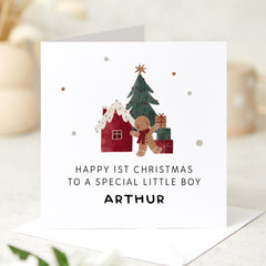 Personalised First Christmas Card for Little Boy – Cute Gingerbread & Tree Design – Custom Xmas Keepsake for Son, Grandson, Nephew or Godson