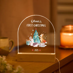 Personalised First Christmas Gift LED Light Plaque with Name Woodland Animal Night Light Keepsake for Son Daughter Niece Nephew Grandchild