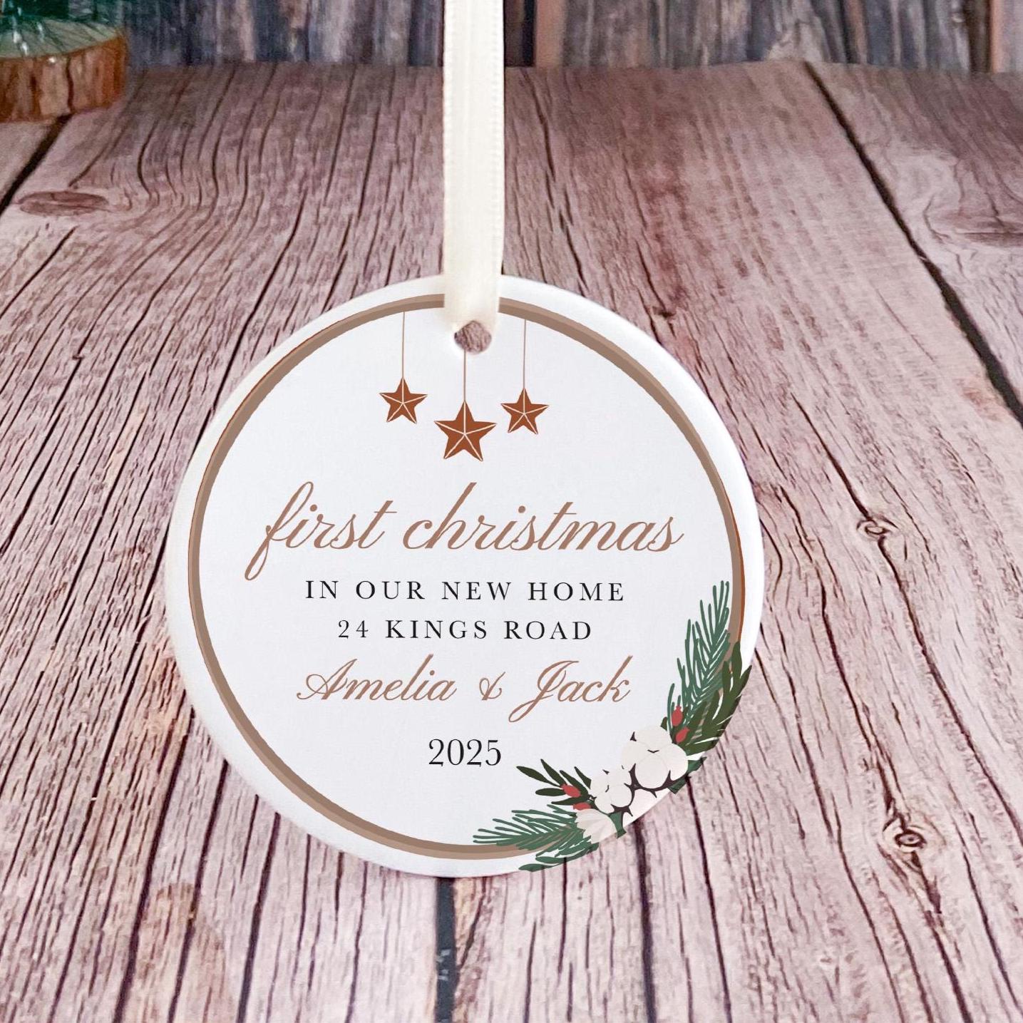 Personalised First Christmas in Our New Home Ceramic Ornament Gift for Wife Husband Couple Newlyweds Friends Custom Address Tree Decor