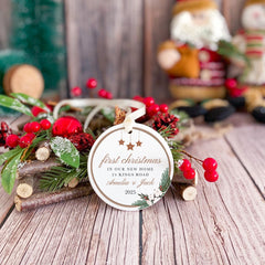 Personalised First Christmas in Our New Home Ceramic Ornament Gift for Wife Husband Couple Newlyweds Friends Custom Address Tree Decor