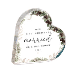 Personalised First Christmas Married Gift – Acrylic Heart Plaque – Newlywed Keepsake for Couple