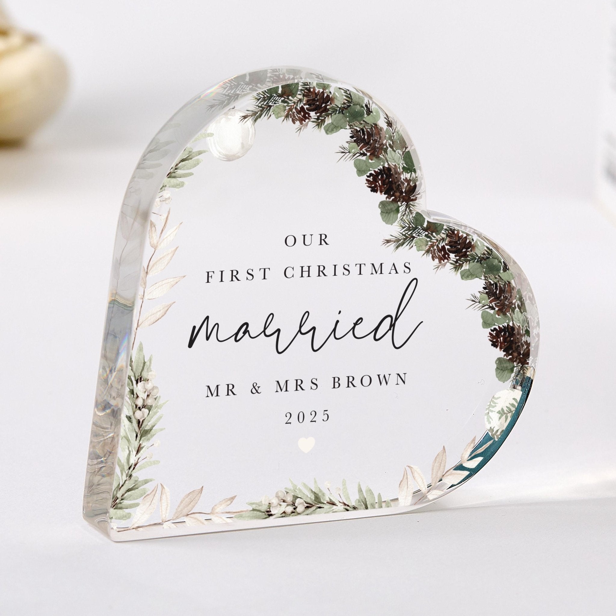 Personalised First Christmas Married Gift – Acrylic Heart Plaque – Newlywed Keepsake for Couple