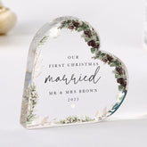 Personalised First Christmas Married Gift – Acrylic Heart Plaque – Newlywed Keepsake for Couple