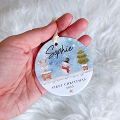 Personalised First Christmas Ornament for Baby Boy Girl Cute Snowman and Reindeer Bauble Keepsake with Name