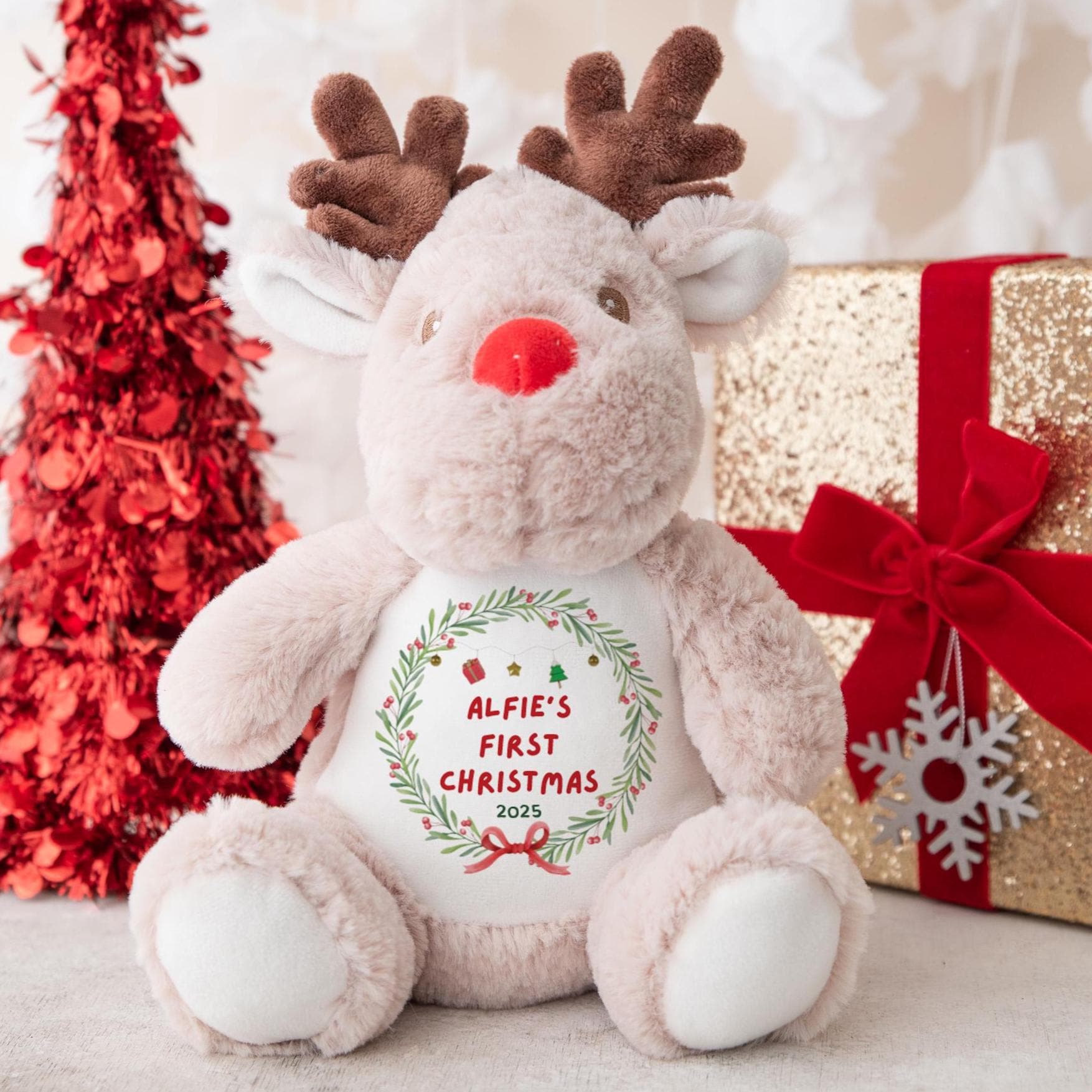 Personalised First Christmas Toy - Gift for Nephew Niece Grandson Granddaughter Son Daughter - Reindeer Teddy – Custom Name Plush