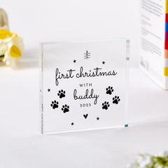Personalised First Christmas with Pet Acrylic Plaque – Paw Print Design Keepsake for Dog or Cat Owner