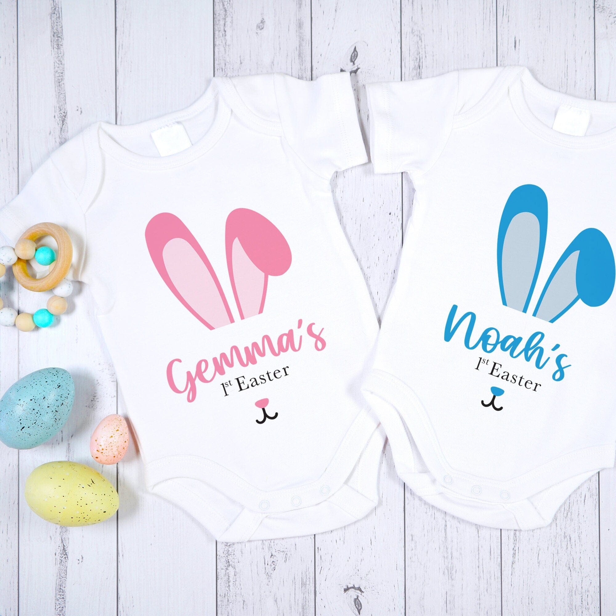 Personalised First Easter Baby Bodysuit Pink Or Blue Bunny Design Top For Boys Girls Rabbit Gift 1st