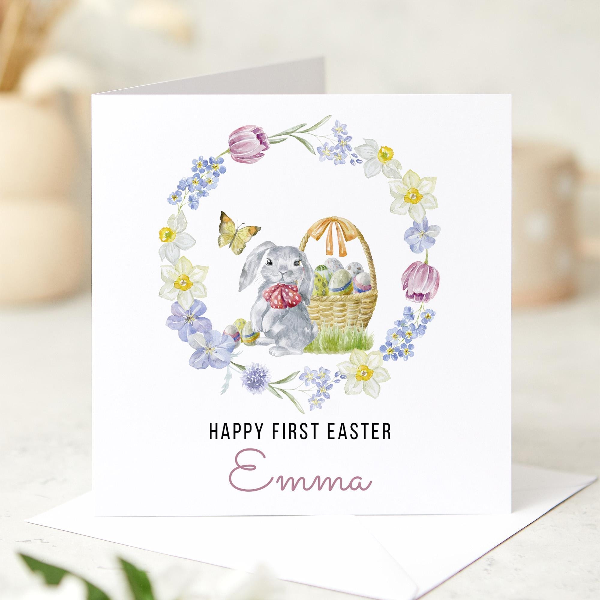 Personalised First Easter Card for Baby Easter Bunny Cute Floral 1st Easter Card Nephew Niece Grandson Granddaughter Stepson Stepdaughter