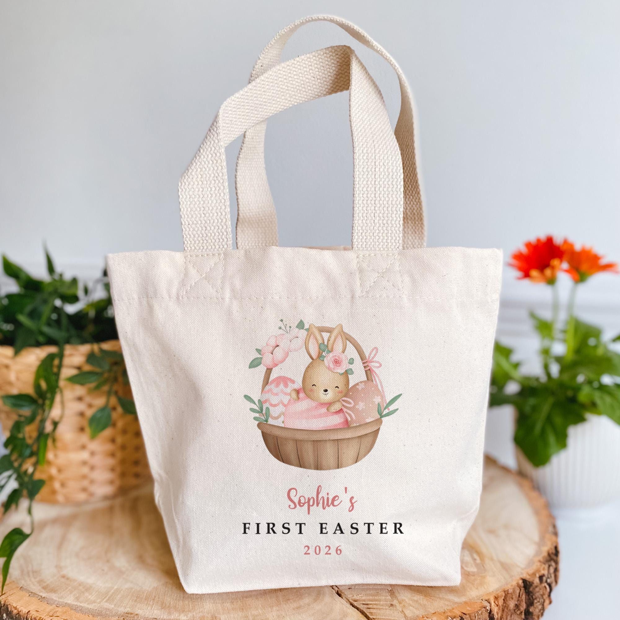 Personalised First Easter Tote Bag Gift – Bunny Egg Hunt Bag with Custom Name