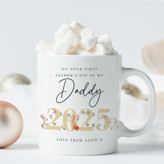 Personalised First Father's Day Mug and Coaster Gift Set for New Dad Name and Year Cute Woodland Animal Design for New Daddy 2025