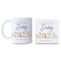 Personalised First Father's Day Mug and Coaster Gift Set for New Dad Name and Year Cute Woodland Animal Design for New Daddy 2025