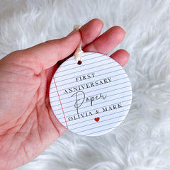 Personalised First Paper Anniversary Ceramic Ornament Custom Couple Gift Keepsake Decoration for Husband Wife or Newlyweds