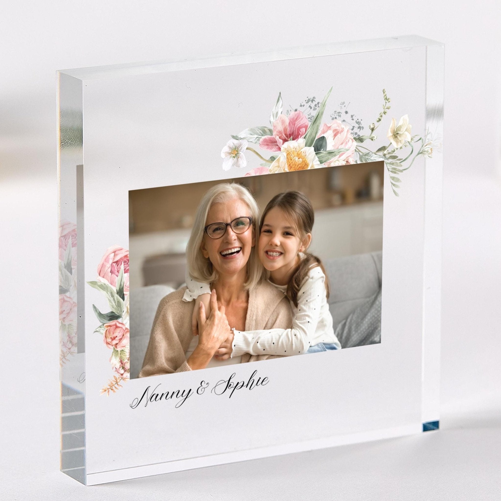 Personalised Floral Acrylic Photo Block Gift for Nanny Birthday Mother's Day or Christmas Keepsake