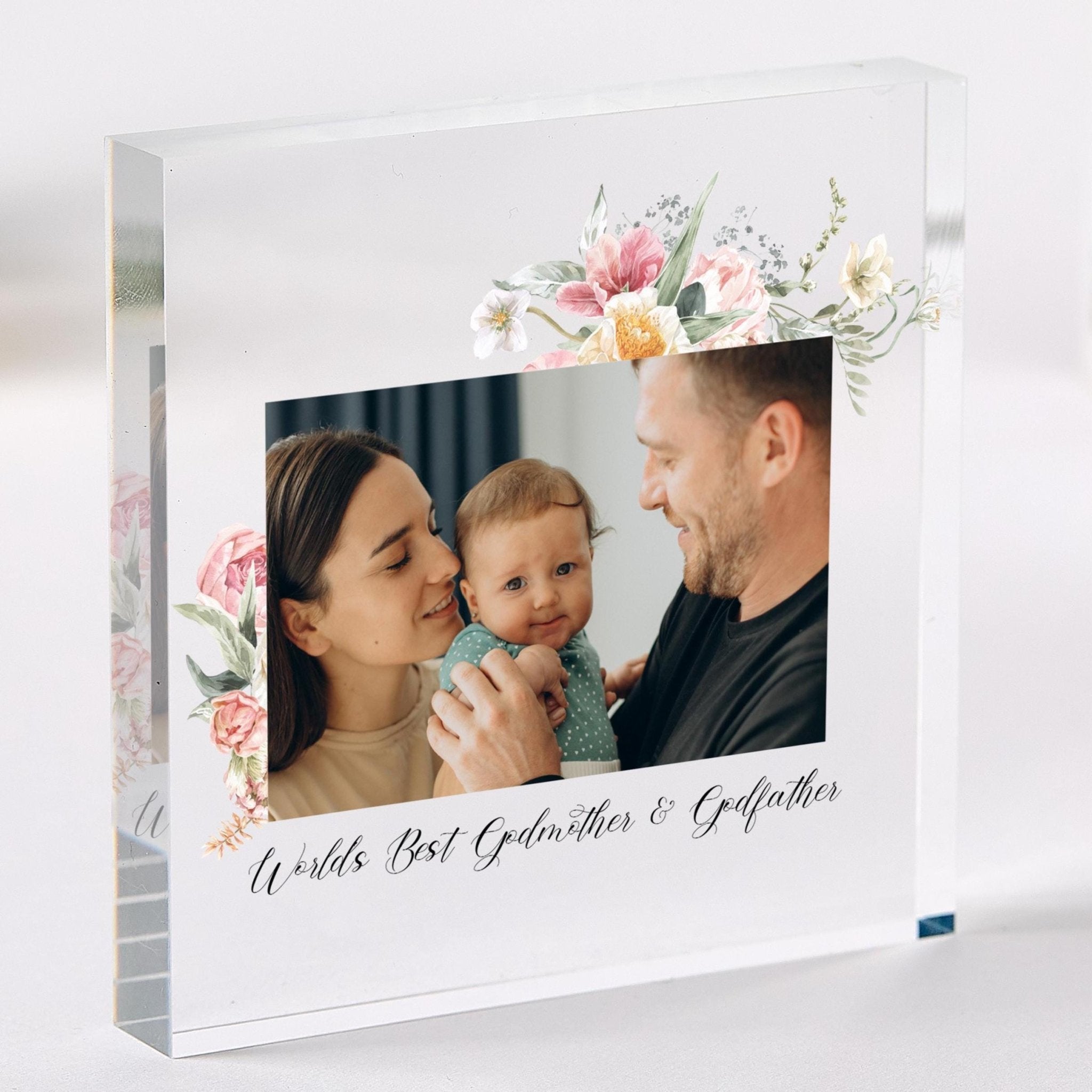 Personalised Floral Acrylic Photo Plaque Gift for Godmother and Godfather Birthday Christening or Christmas Godparents Keepsake