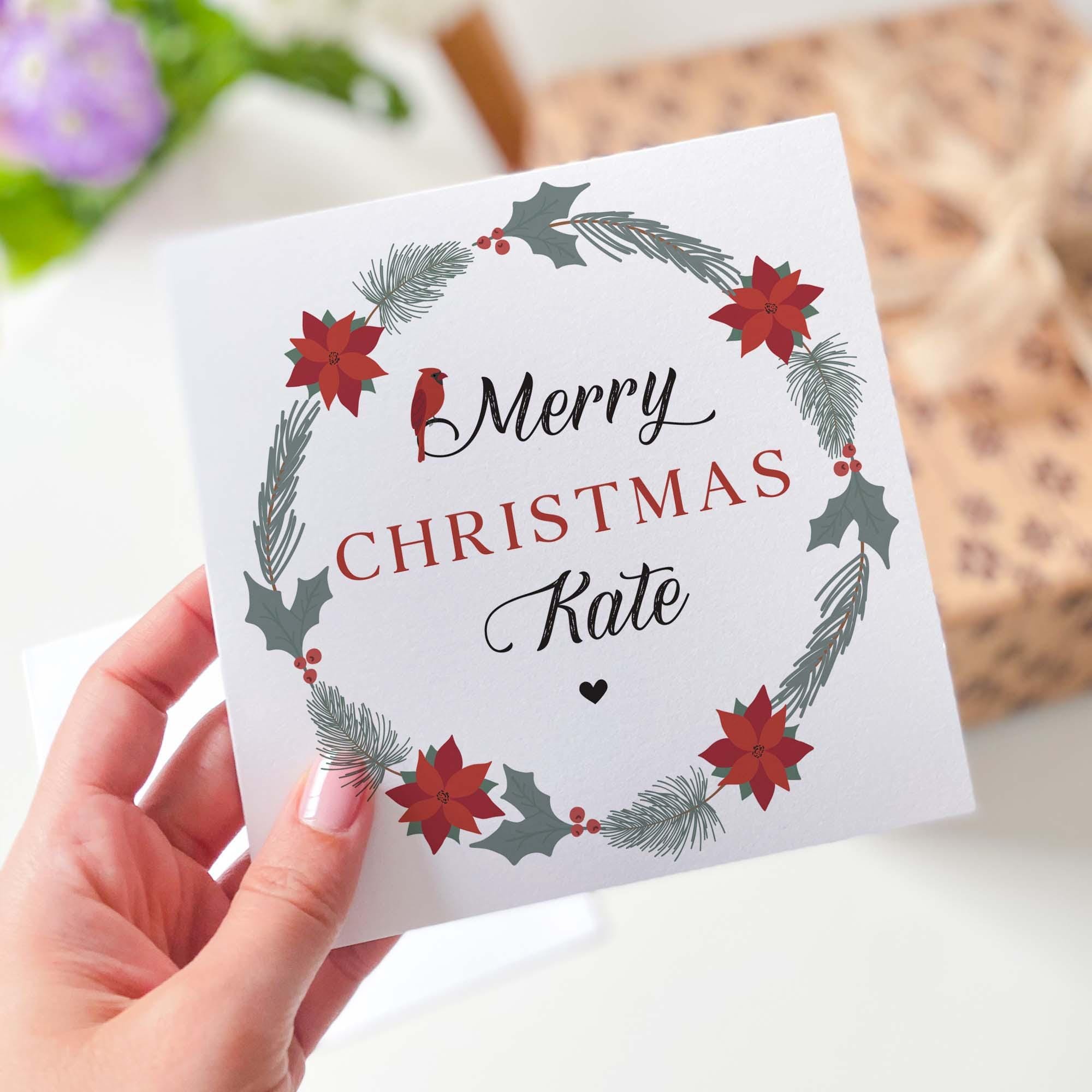 Personalised Floral Merry Christmas Card With Name For Her Him Friend Flower Wreath Cousin Grandma Mother In Law Sister - In Daughter Xmas