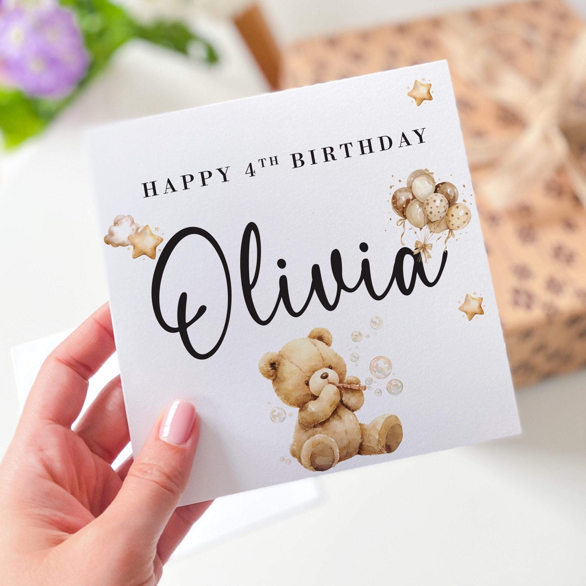 Personalised Fourth Birthday Card for Boy Girl Son Daughter Nephew Niece Godson 4th Birthday Cute Teddy Bear Design Keepsake for Toddler