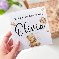 Personalised Fourth Birthday Card for Boy Girl Son Daughter Nephew Niece Godson 4th Birthday Cute Teddy Bear Design Keepsake for Toddler