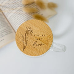Personalised Future Mrs Double Wall Glass Mug with Engraved Bamboo Lid – Engagement Gift for Bride - to - Be