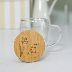 Personalised Future Mrs Double Wall Glass Mug with Engraved Bamboo Lid – Engagement Gift for Bride - to - Be