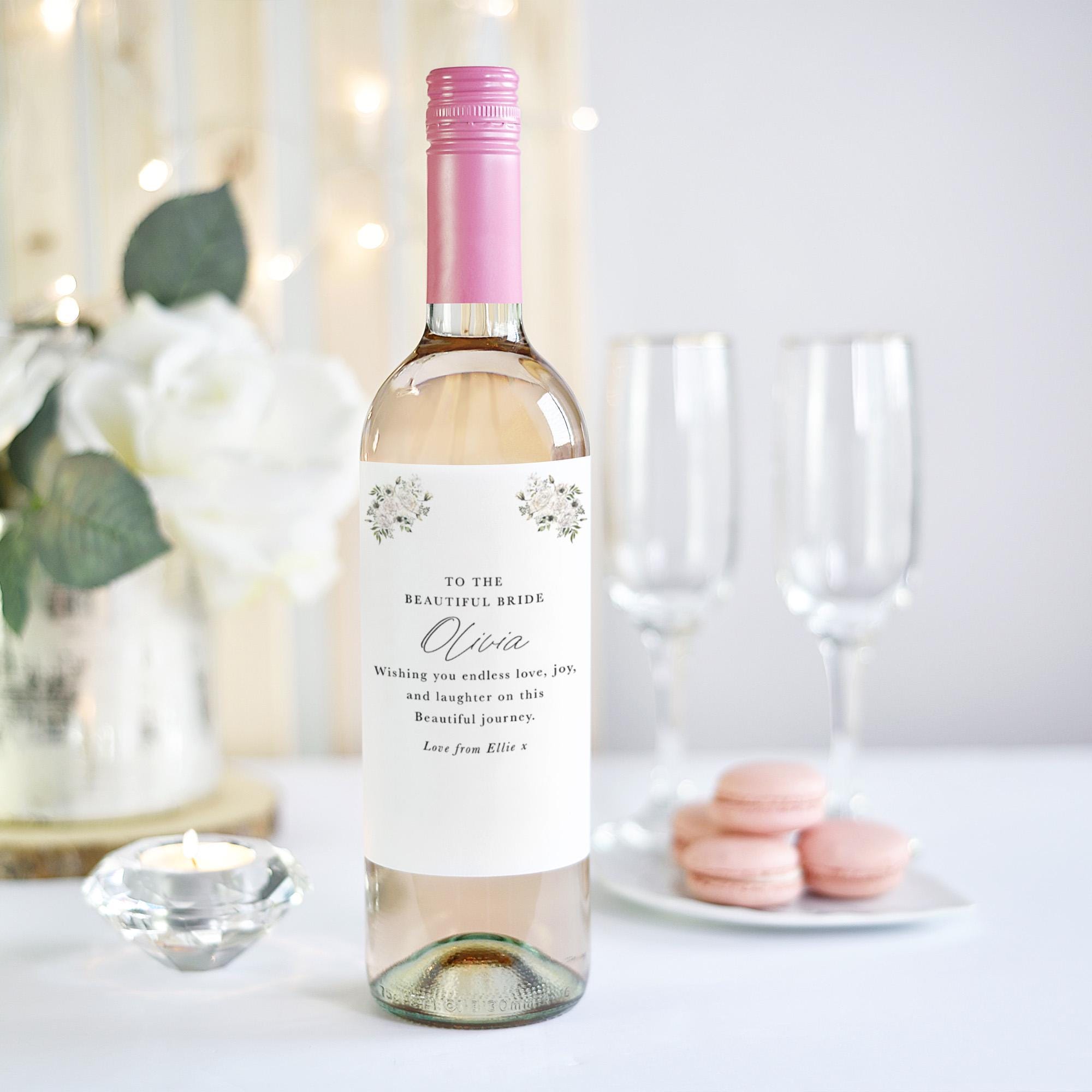 Personalised Gift for Bride Wine Label Elegant Floral Design Thoughtful Bridal Shower or Hen Party Gift Custom Name and Message