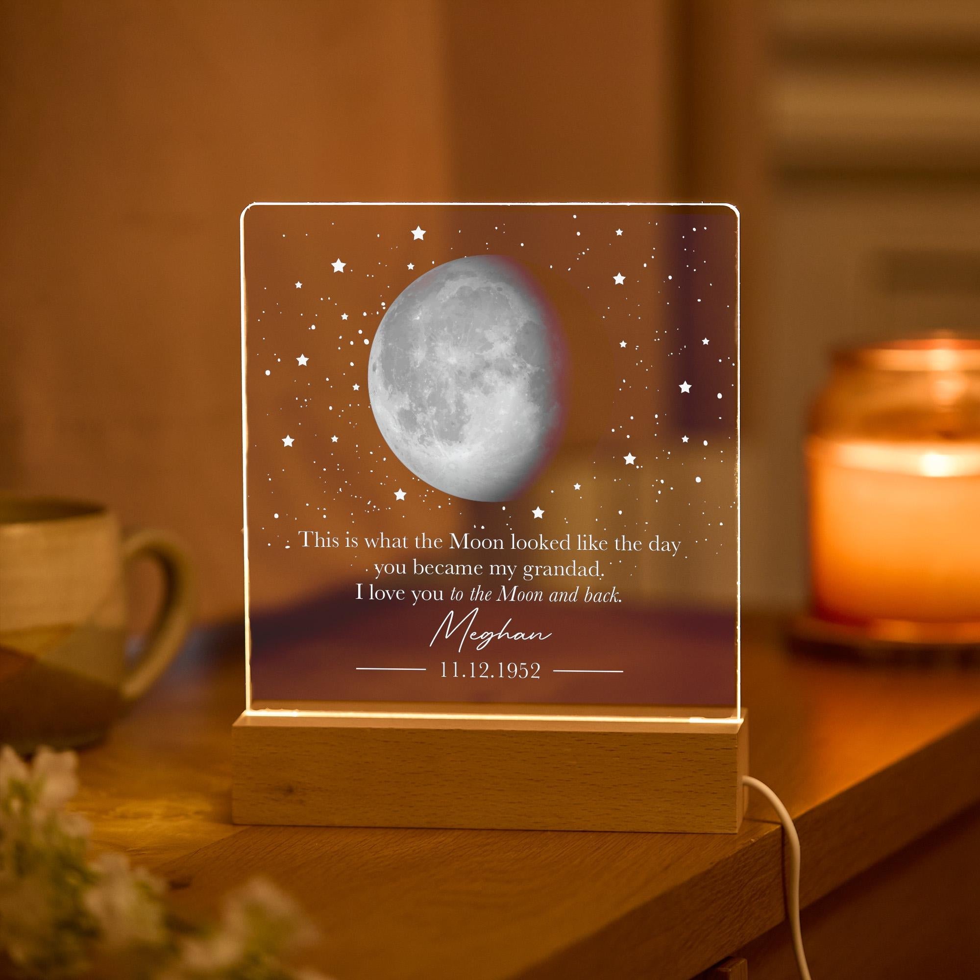 Personalised Grandad Moon Lamp, Custom Moon Phase Night Light, Grandfather Acrylic LED Gift