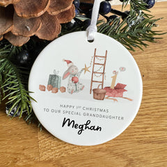Personalised Granddaughter 1st Christmas Ornament Ceramic Bunny Tree Decoration Keepsake – Gift for Baby Girl Toddler First Xmas