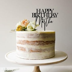 Personalised Happy Birthday Cake Topper, Custom Name, Elegant Rustic Wooden, Gold Silver Rose Gold Black Party Decoration