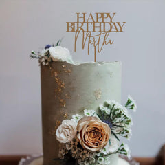 Personalised Happy Birthday Cake Topper, Custom Name, Elegant Rustic Wooden, Gold Silver Rose Gold Black Party Decoration