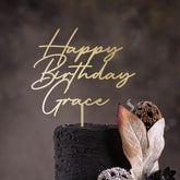 Personalised Happy Birthday Cake Topper, Custom Name, Keepsake Decor, Wooden Gold Silver Rose Gold Black Adult Kids