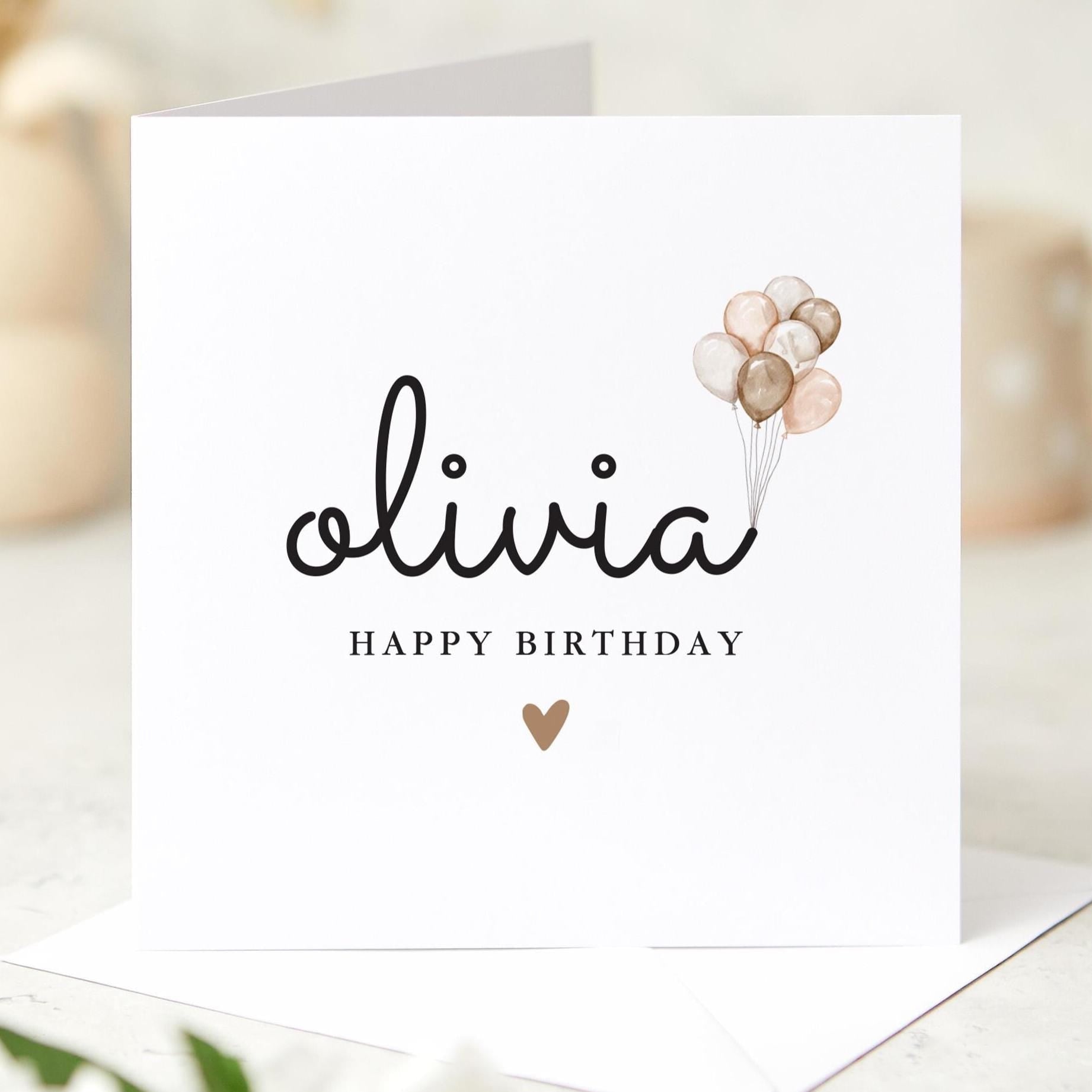 Personalised Happy Birthday Card with Balloons Modern Minimal Custom Name Design Elegant and Neutral Card for Daughter Niece Friend Family