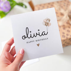 Personalised Happy Birthday Card with Balloons Modern Minimal Custom Name Design Elegant and Neutral Card for Daughter Niece Friend Family