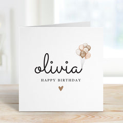 Personalised Happy Birthday Card with Balloons Modern Minimal Custom Name Design Elegant and Neutral Card for Daughter Niece Friend Family