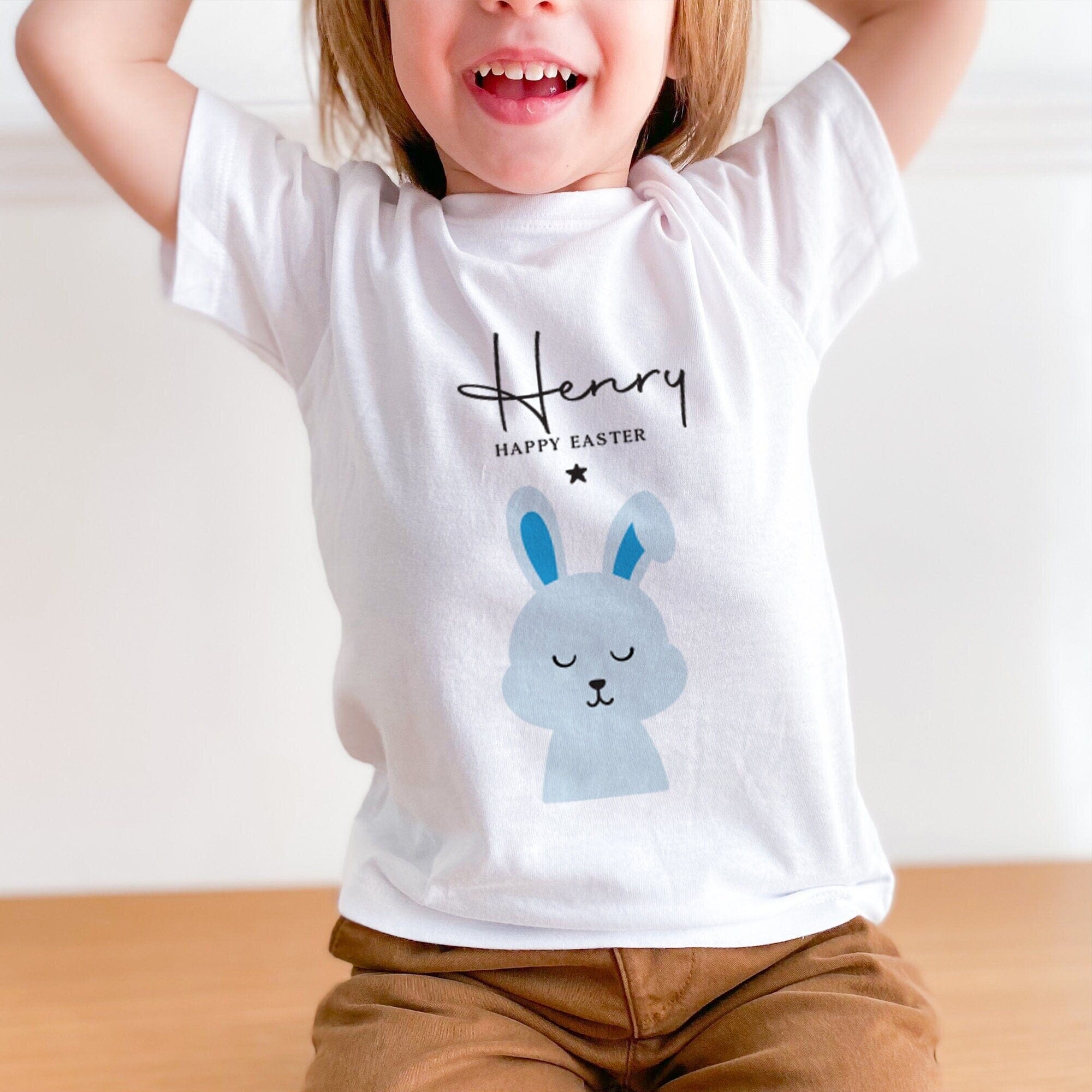 Personalised Happy Easter Kids T-Shirt With Name Baby Boy Cute Bunny Design For Boys Childrens Tshirt Bunny Tshirt