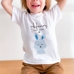 Personalised Happy Easter Kids T-Shirt With Name Baby Boy Cute Bunny Design For Boys Childrens Tshirt Bunny Tshirt