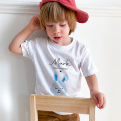 Personalised Happy Easter Kids T-Shirt With Name Bunny Design For Boys Girls Childrens Tshirt Bunny 1st Easter