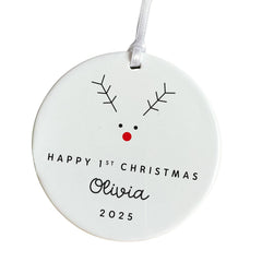 Personalised Happy First Christmas Ceramic Ornament for Baby Boy Girl Reindeer Decoration Gift for Daughter, Son, Grandchild Nephew or Niece