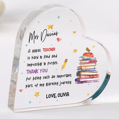 Personalised Heart Acrylic Plaque Gift for Teacher End of Term Gift Thank You Keepsake Primary Nursery End Year Teacher's Day Appreciation