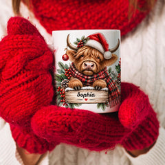 Personalised Highland Cow Christmas Mug, Custom Name Festive Gift