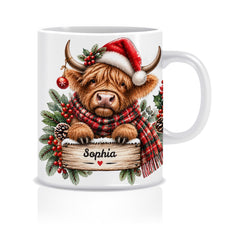 Personalised Highland Cow Christmas Mug, Custom Name Festive Gift