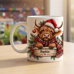 Personalised Highland Cow Christmas Mug, Custom Name Festive Gift