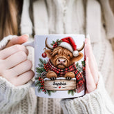 Personalised Highland Cow Christmas Mug, Custom Name Festive Gift