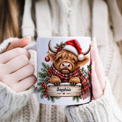 Personalised Highland Cow Christmas Mug, Custom Name Festive Gift