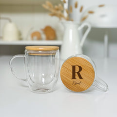 Personalised Initial Double Wall Glass Mug with Bamboo Lid – Custom Tea Cup for Him