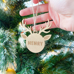 Personalised Kids Christmas Ornament With Name Wooden Reindeer Dainty Xmas Decor Gold Silver Rose Gold Black Natural