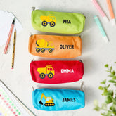 Personalised Kids Pencil Case with Name Construction Vehicle Digger Dump Truck Cement Mixer Design Back to School Gift for Boys Girls