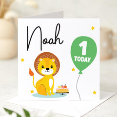 Personalised Kids Second Birthday Card for Boy Girl 2 Today Lion Jungle Themed with Balloon and Cake Cute Toddler Keepsake I am two