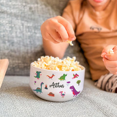 Personalised Kids Snack Bowl, Custom Name Ceramic Dish, Colourful Dinosaur Design, Toddler Birthday Gift